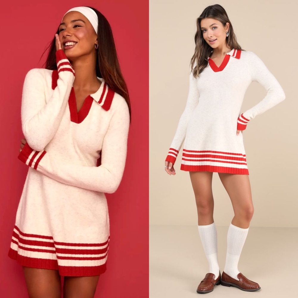 NWT LULUS Sporty Stripe Collared Polo Long Sleeve Varsity Tennis Sweater Dress S
